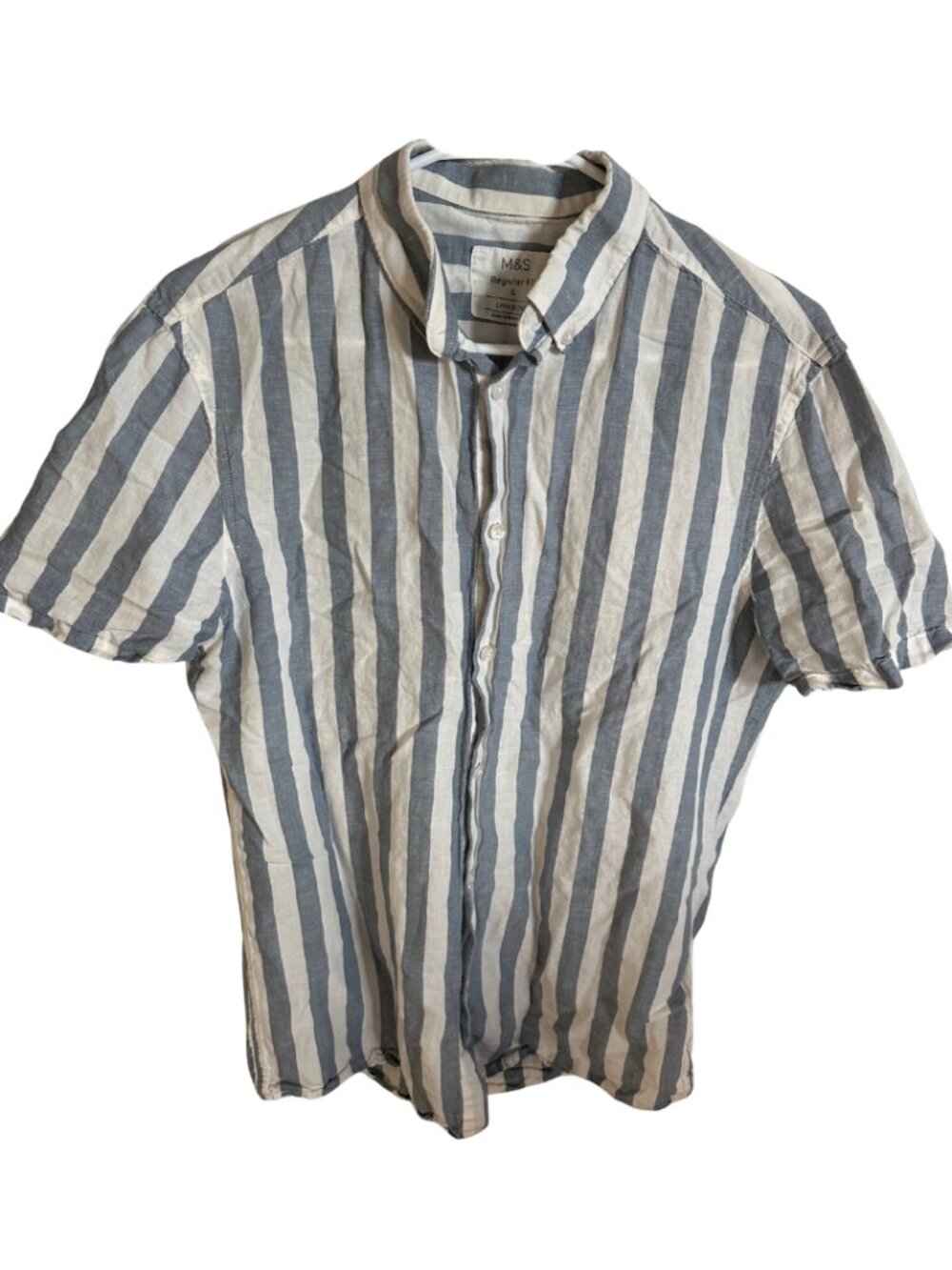M&S Linen Blend Blue & White Striped Short Sleeve Shirt (Size Small)